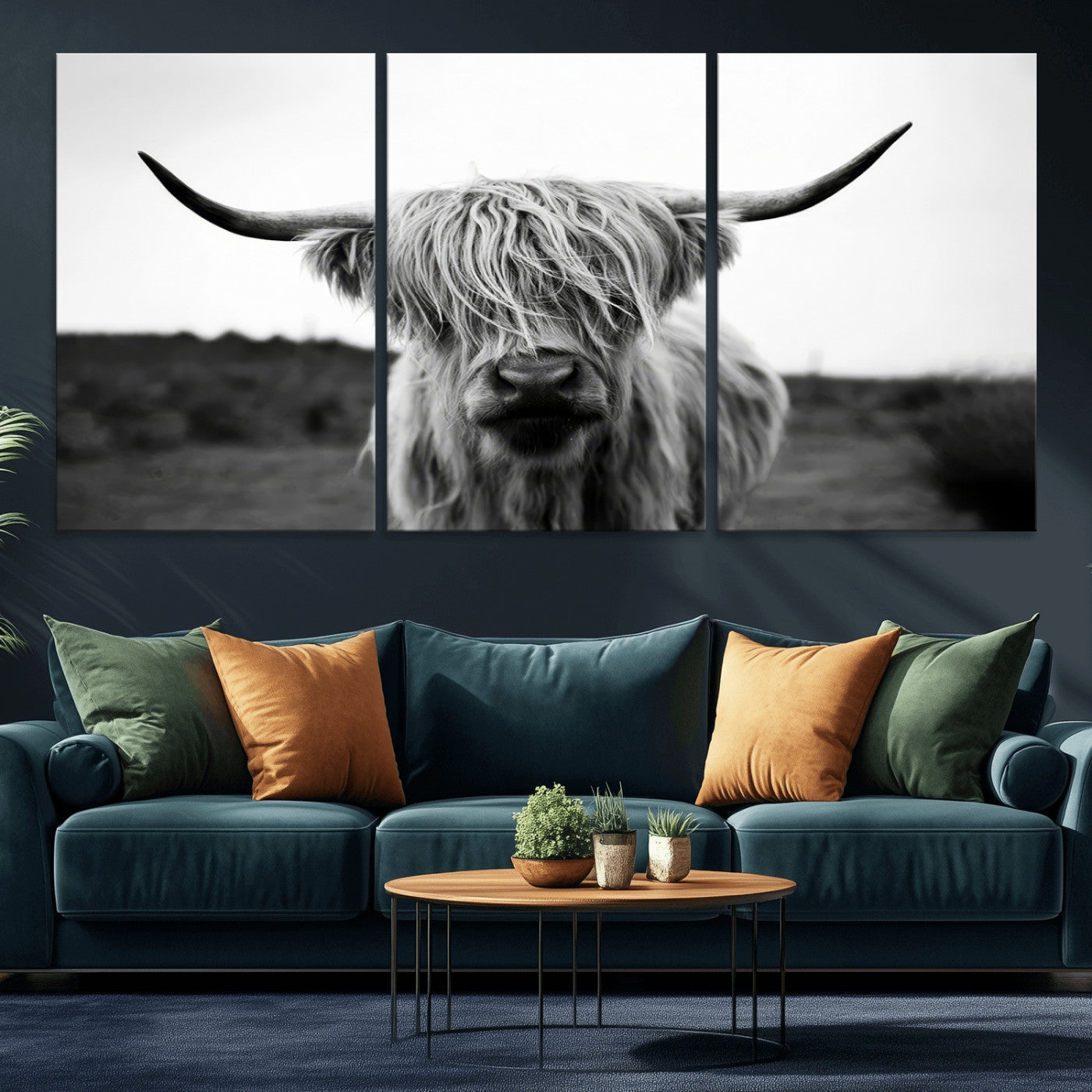 MGV-CV-60X30-3P - Highland Cow Wall Art | Black and White Farmhouse Decor | Triptych Canvas Print | Rustic Barn Decor