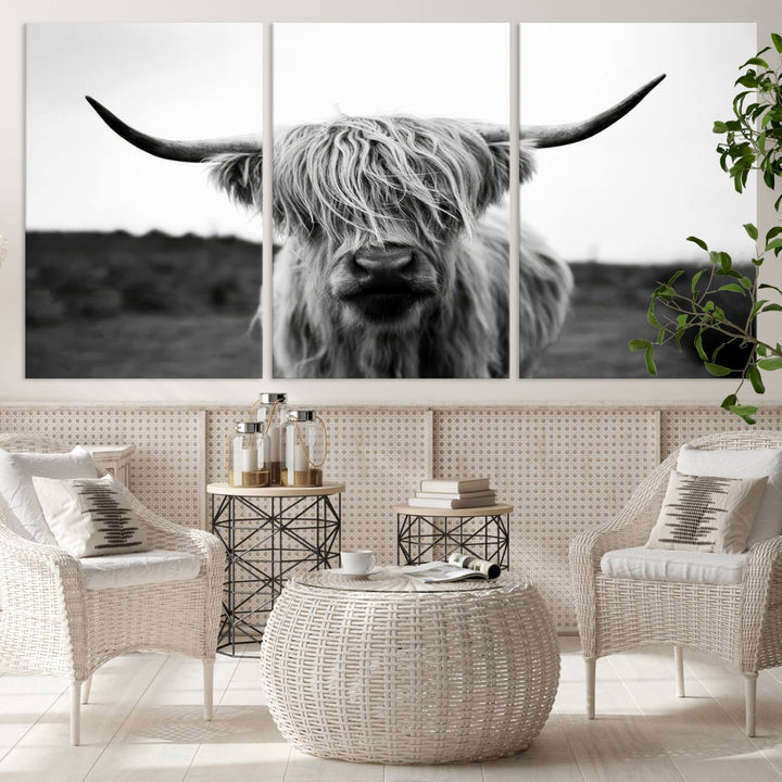 Highland Cow Wall Art | Black and White Farmhouse Decor | Ready to Hang Triptych Canvas Print | Rustic Barn Decor | Scottish Highland Cattle Art Print