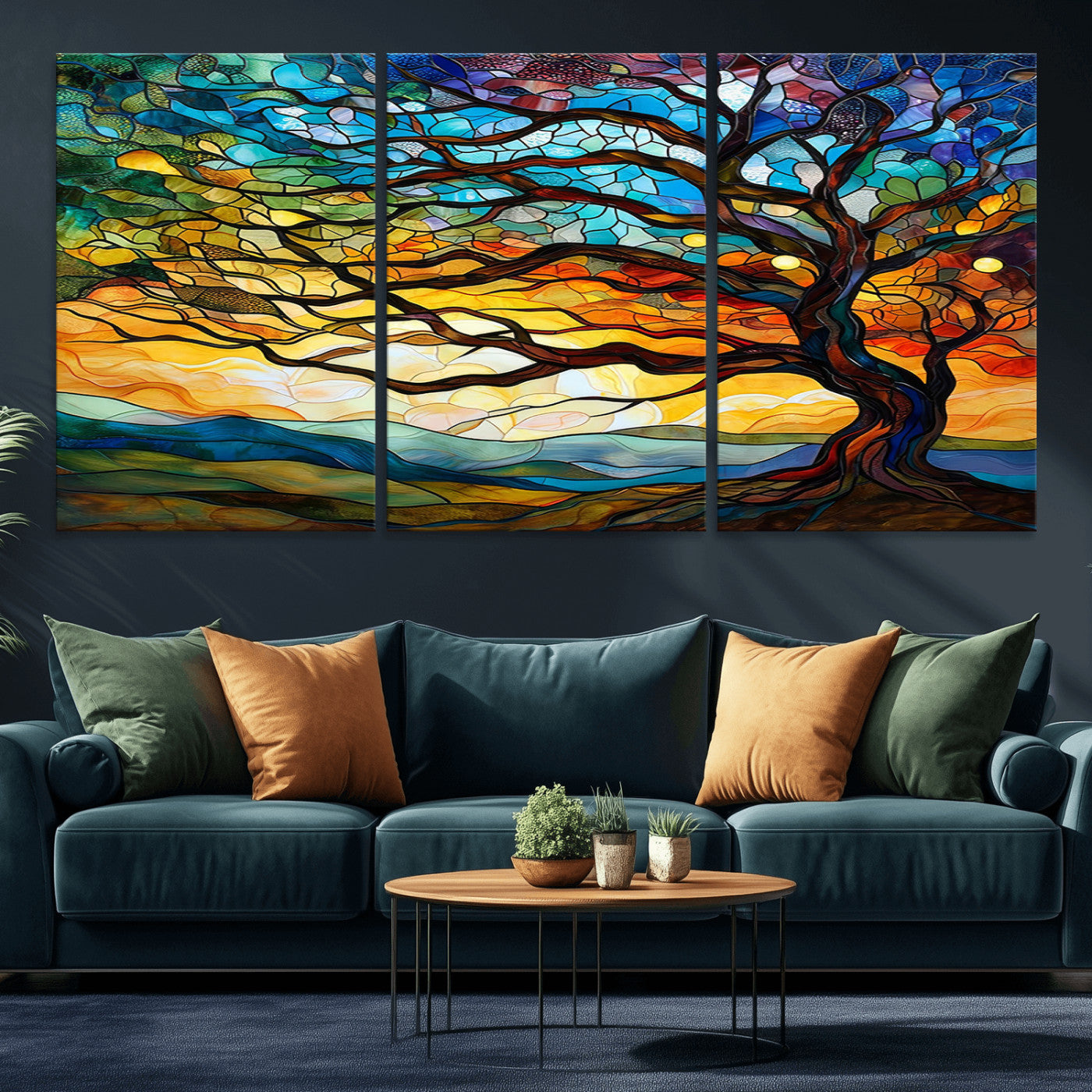 MGV-CV-60X30-3P - Vibrant Mosaic Tree of Life Wall Art | Stained Glass Style Canvas Print | Ready to Hang Artistic