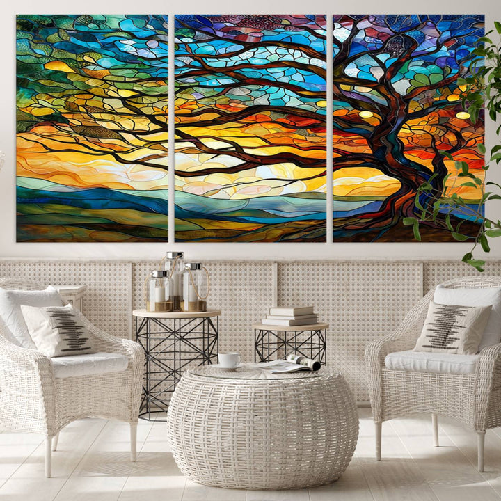 Vibrant Mosaic Tree of Life Wall Art | Stained Glass Style Canvas Print | Ready to Hang Artistic Decor