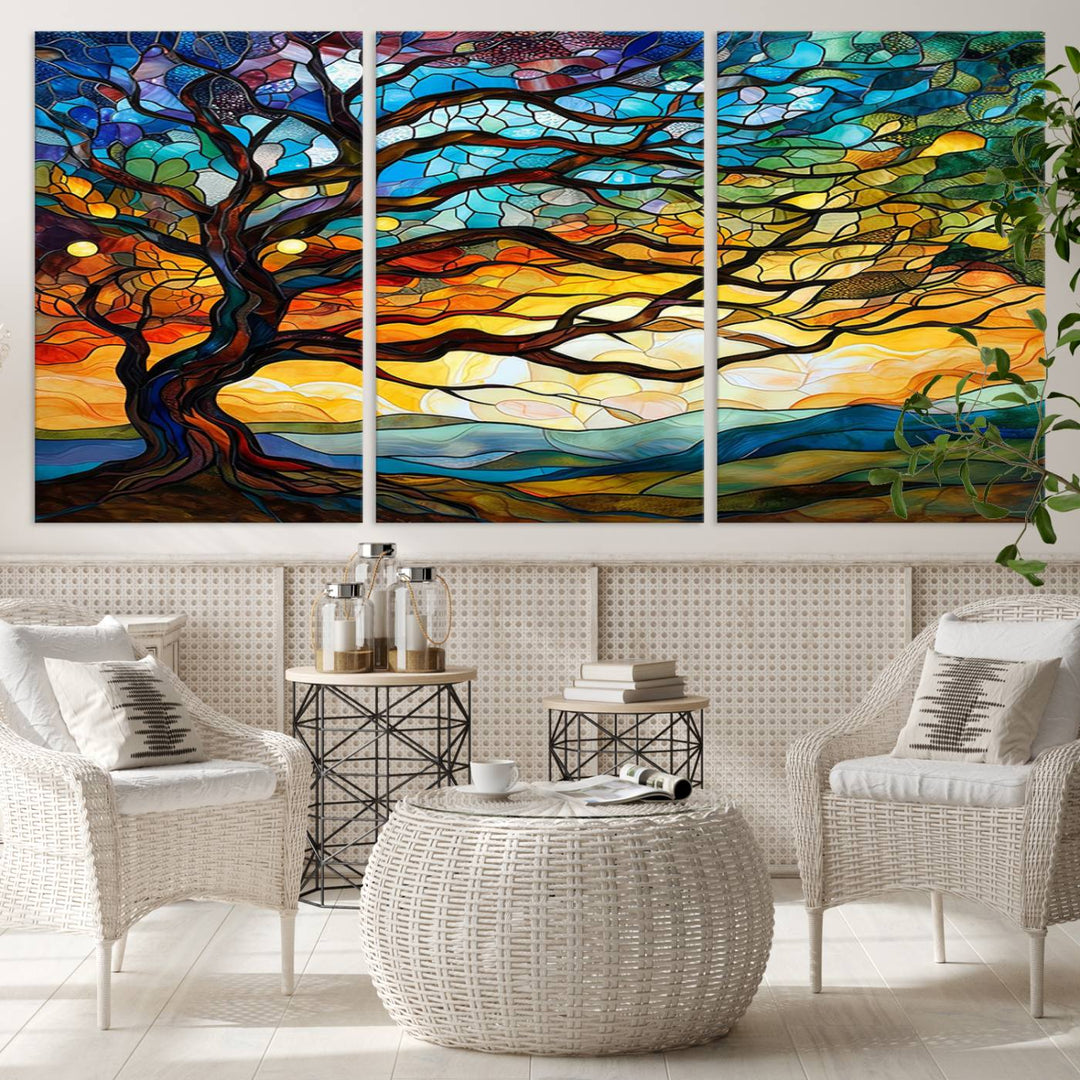 Mosaic Tree Wall Art | Ready to Hang Stained Glass Style Canvas Print | Farmhouse Wall Decor, Cabin Wall Art, and Unique Nature Home Decor