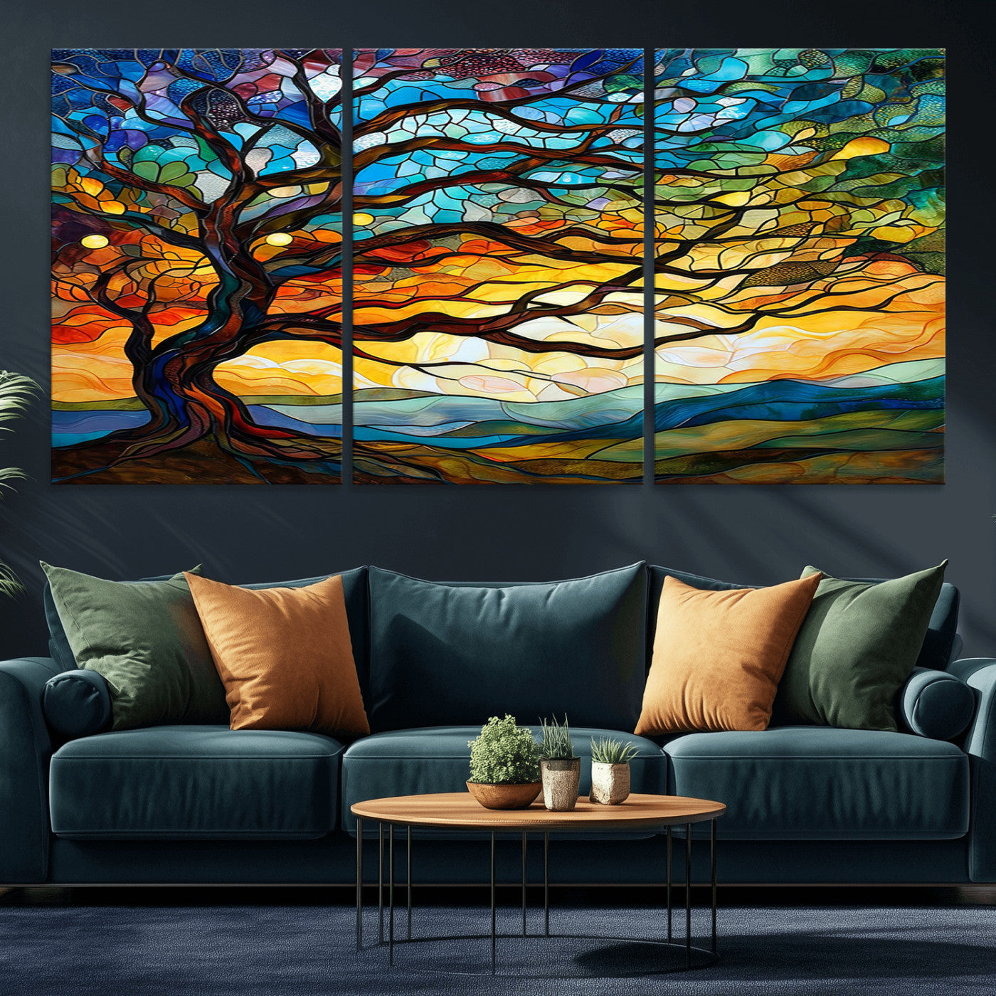 MGV-CV-60X30-3P - Mosaic Tree Wall Art | Ready to Hang Stained Glass Style Canvas Print | Farmhouse Wall Decor, Cabin