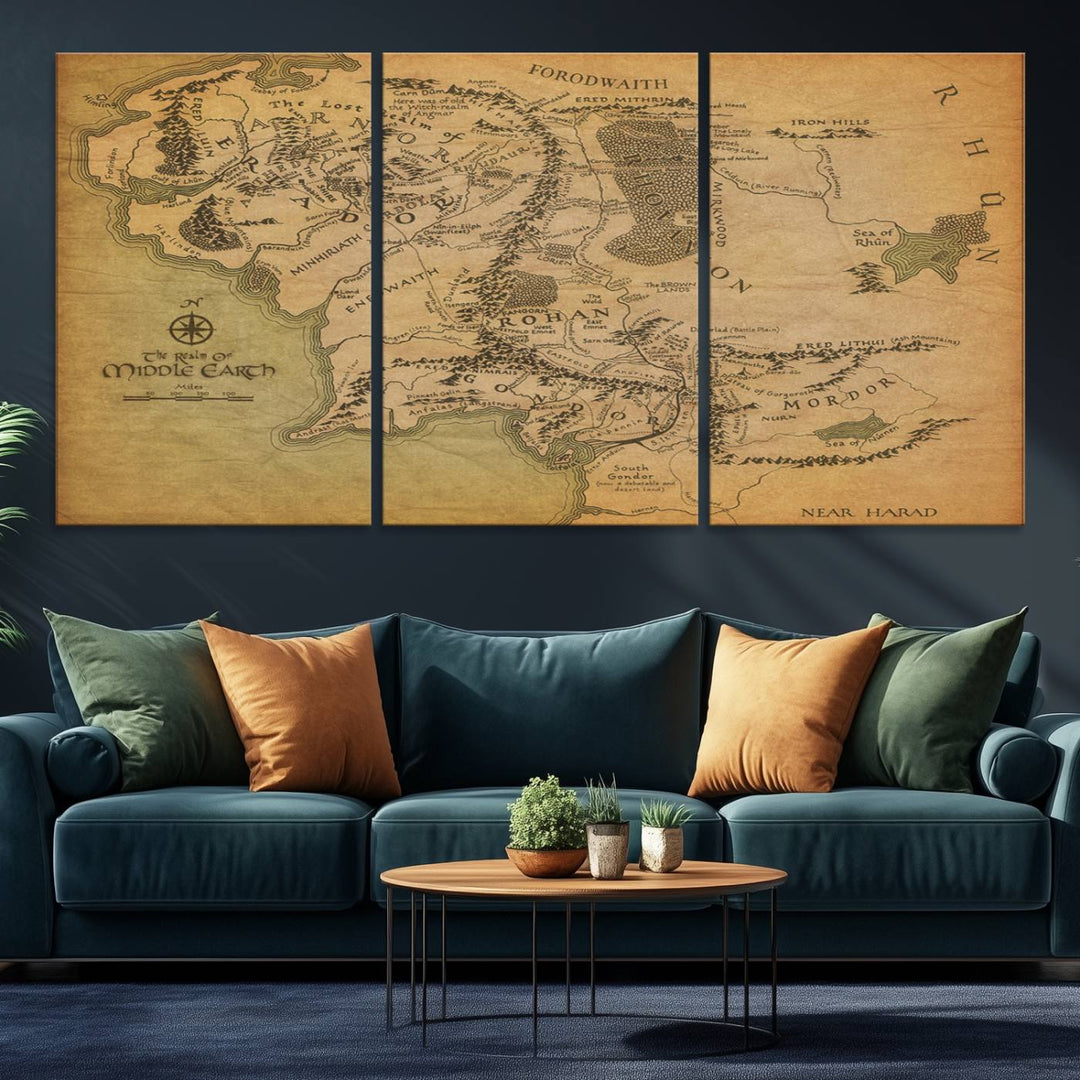 Vintage J.R.R. Tolkien Middle-Earth Map 3 Panel Canvas, perfect as wall art for home or office decor.