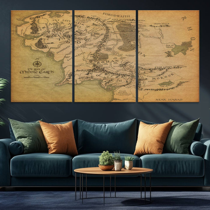 Vintage J.R.R. Tolkien Middle-Earth Map 3 Panel Canvas, perfect as wall art for home or office decor.