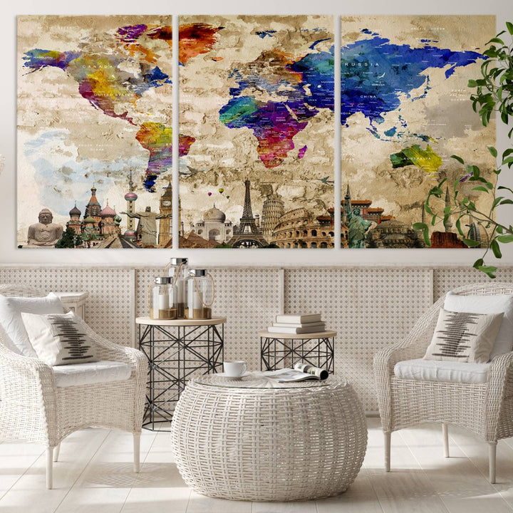 Framed World Map Canvas Print with Landmarks | Multi-Panel Wall Art | Ready to Hang Decor for Living Room, Office | Global Travel Wall Art | Vibrant Landmark Design