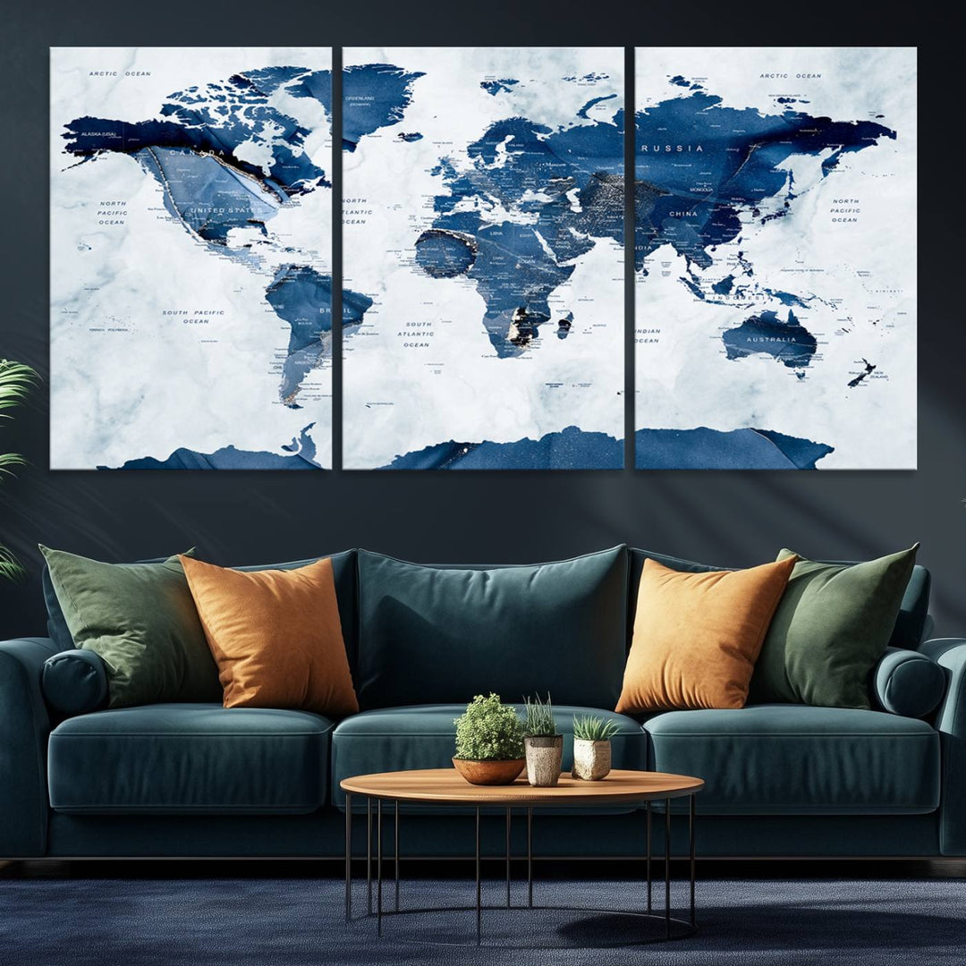 Navy Blue World Map with Antarctica Canvas: A perfect abstract home decor piece featuring a grunge-stained background.