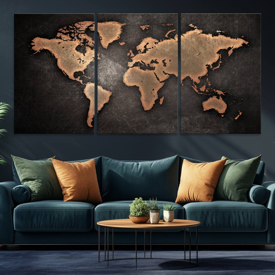 Maroon World Map Wall Art: Copper continents on a grunge-stained canvas, ideal for enhancing your decor.