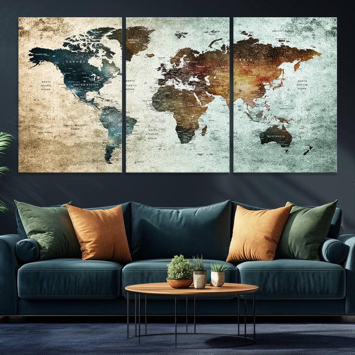 The Push Pin World Map Canvas Print serves as an ideal piece of wall art for travel lovers, showcasing vibrant colors and intricate details.