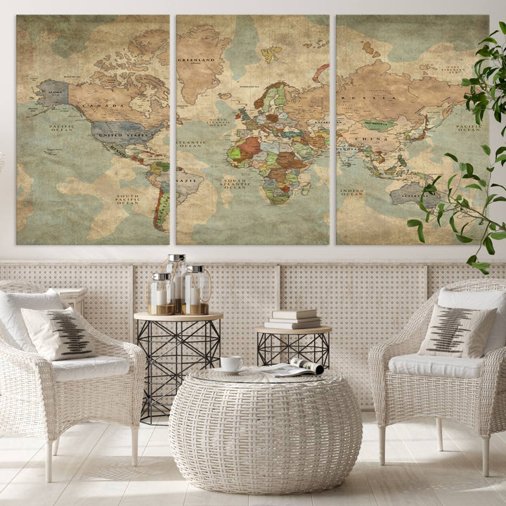 Vintage World Map Canvas Wall Art – Antique Triptych Map Print – Rustic Global Decor for Living Room or Office – Ready to Hang