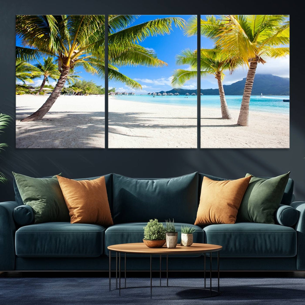 Blue Beach and Sea Wall Art Canvas Print: showcases a tropical scene with palm trees, white sand, and turquoise water.