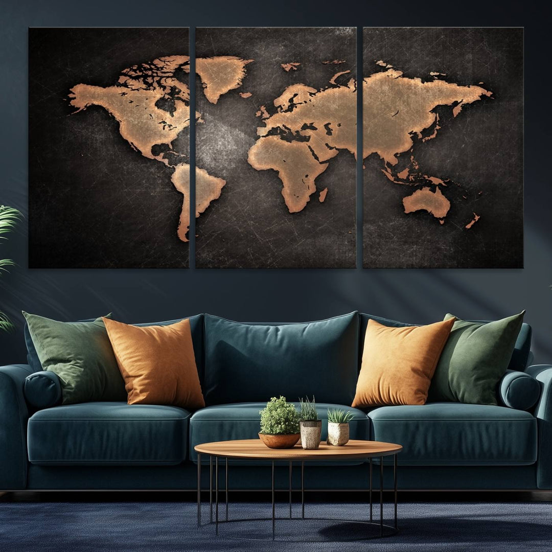 The Modern World Map on a metallic black canvas creates a striking effect.