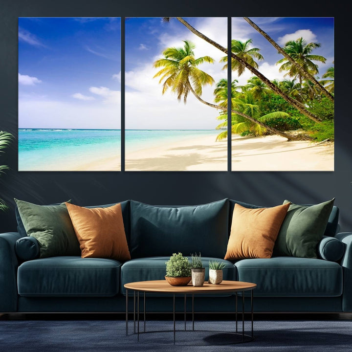 Tropical Beach Canvas: Palm Trees & White Sand Shore Decor, Vibrant Coastal Print, Ready to Hang.