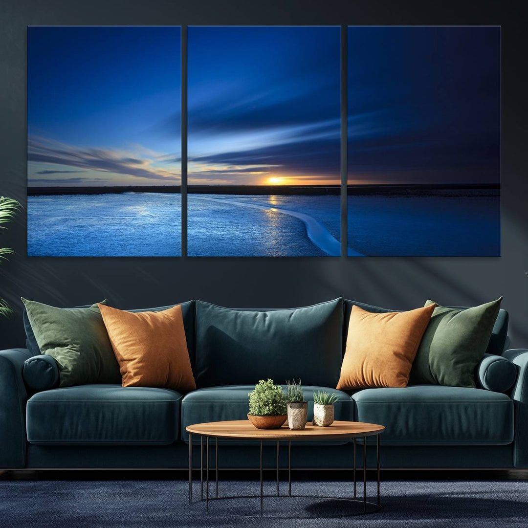 A blue sunset ocean canvas wall art print.