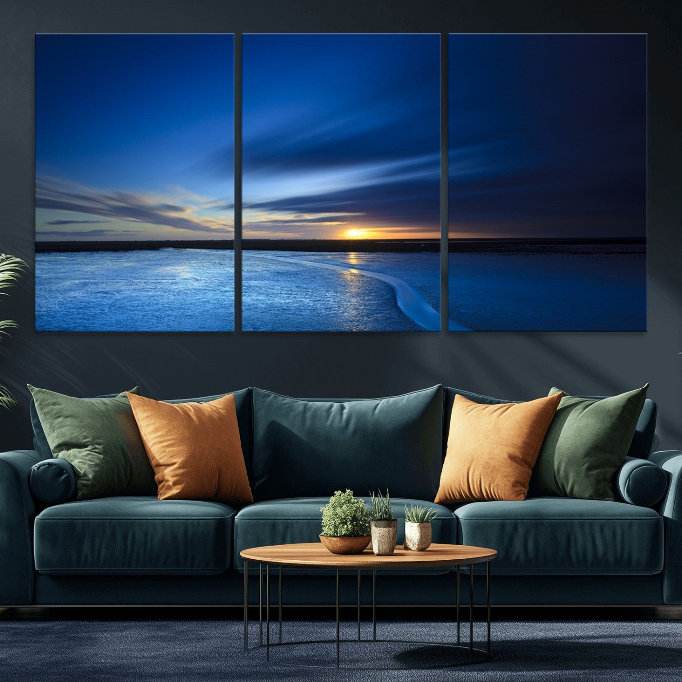 MGV-CV-60X30-3P - Blue Sunset Ocean Canvas Wall Art Print – Serene Coastal Horizon Wall Decor for Home or Office –