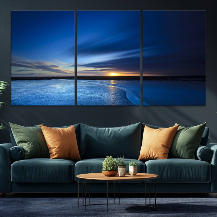 A blue sunset ocean canvas wall art print.