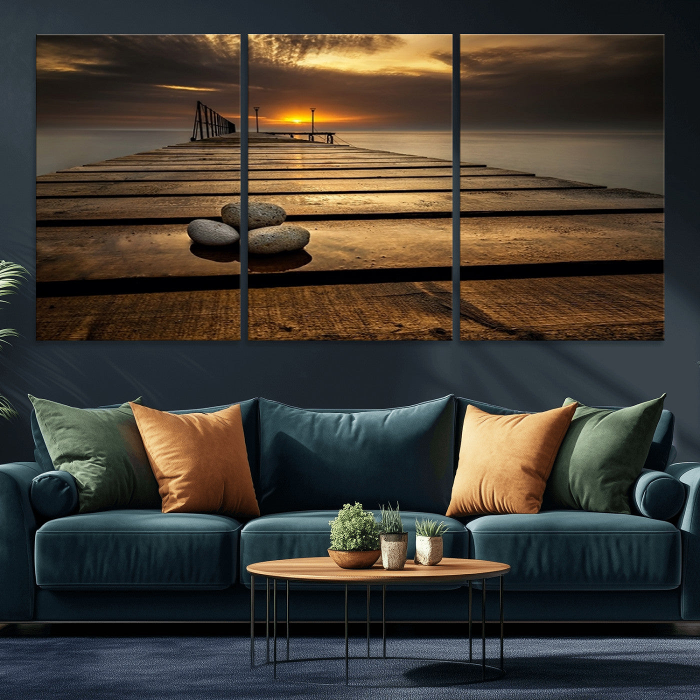 MGV-CV-60X30-3P - Stones on Wooden Pier at Sunset Canvas Print, Serene Coastal Wall Art, Beach Sunset Photography,