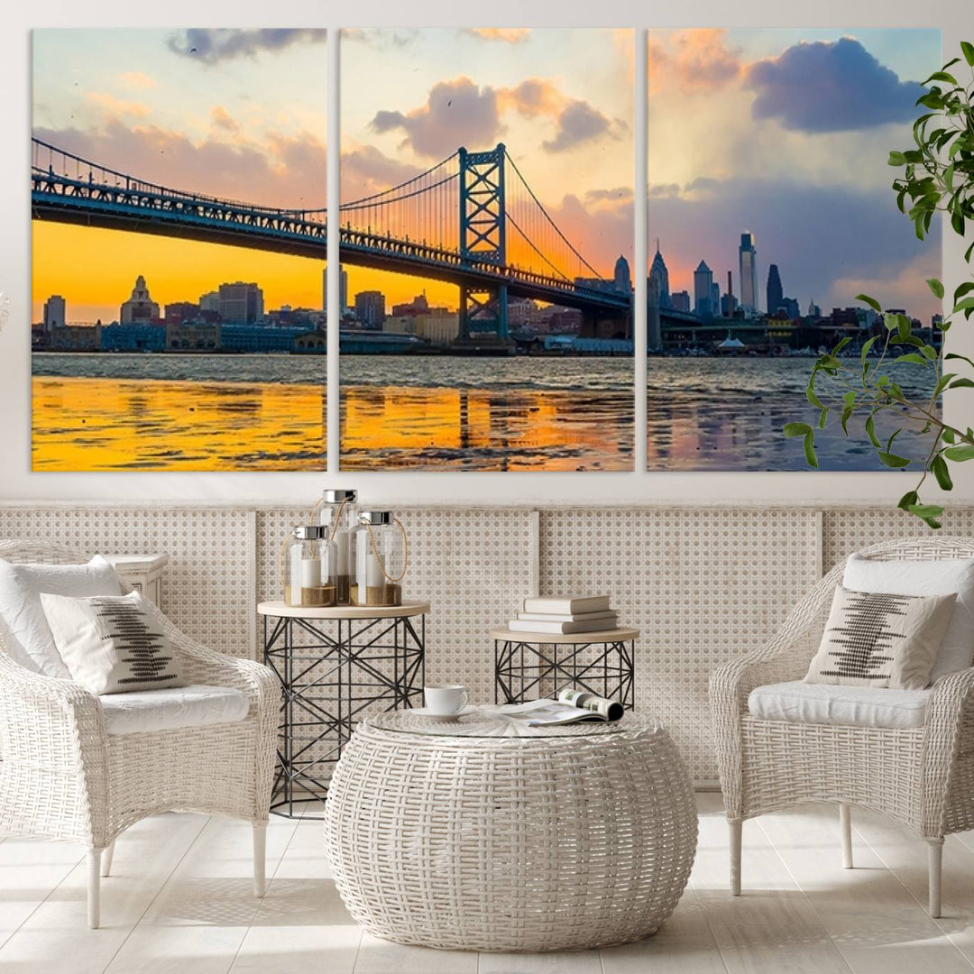 Ben Franklin Bridge Wall Art Print – Philadelphia Skyline Sunset Canvas Wall Art Canvas Print – Giclee City for Dining Room, Office or Living Room