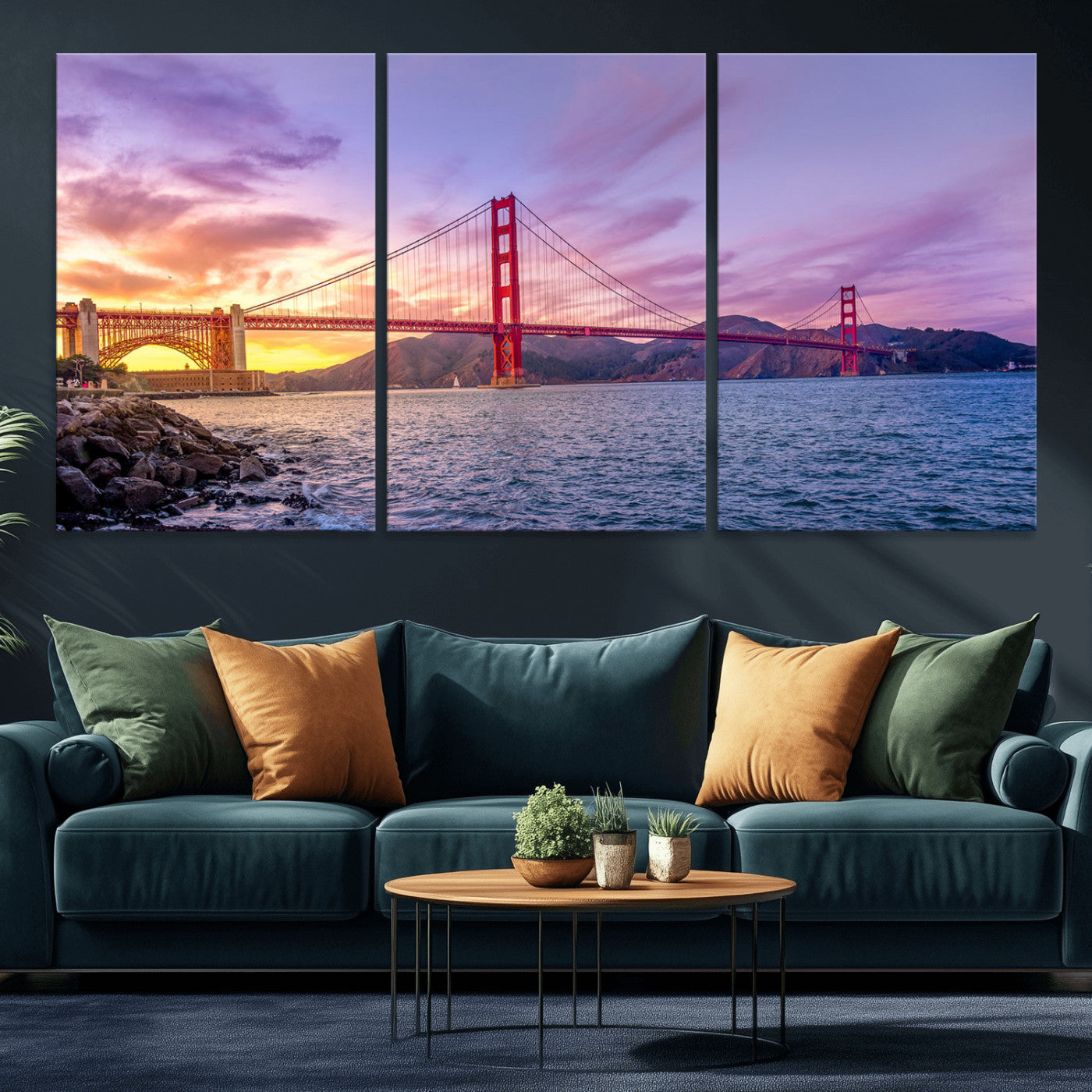 MGV-CV-60X30-3P - Golden Gate Bridge Wall Art Print, San Francisco Sunset Canvas Wall Art, Cityscape Canvas Print for