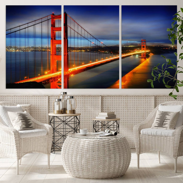 The living room features a large San Francisco canvas art piece—a stunning triptych of the Golden Gate Bridge at twilight, known as the "Large Wall Art San Francisco Canvas Print - Wonderful Golden Gate Bridge at Twilight.