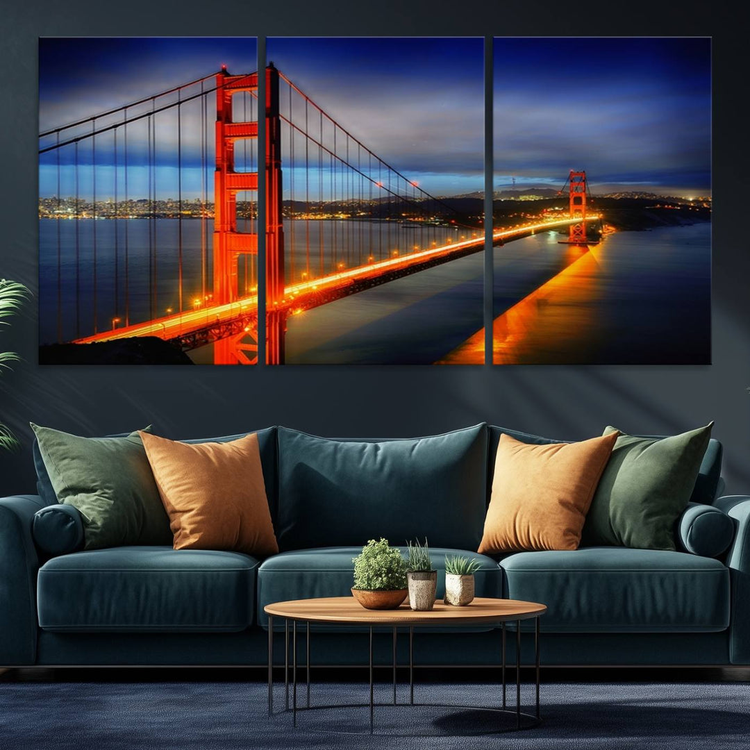 A large wall art San Francisco canvas print of the Golden Gate Bridge at twilight is displayed on a porch.