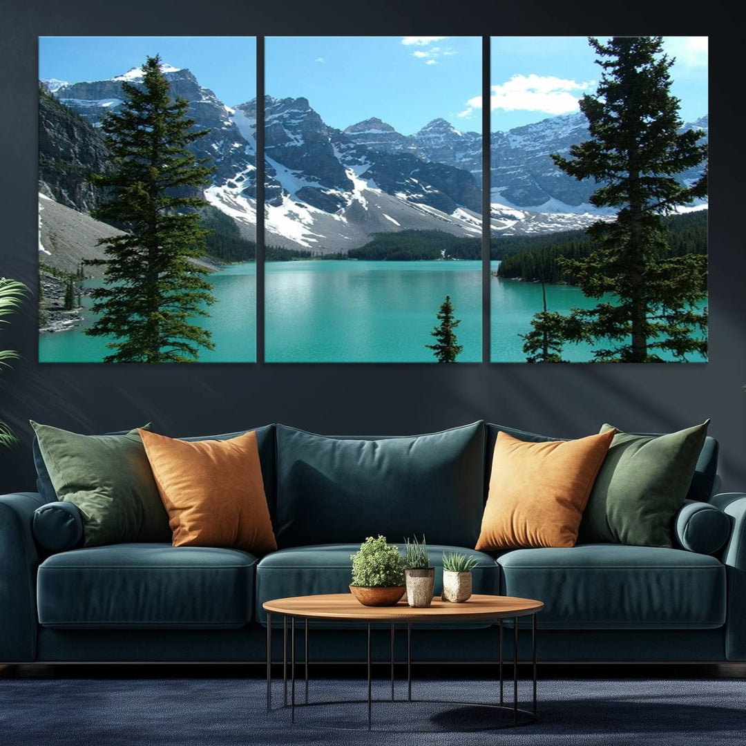 Canadian Rockies Moraine Lake Landscape Canvas Print showcasing a turquoise lake and mountain view.