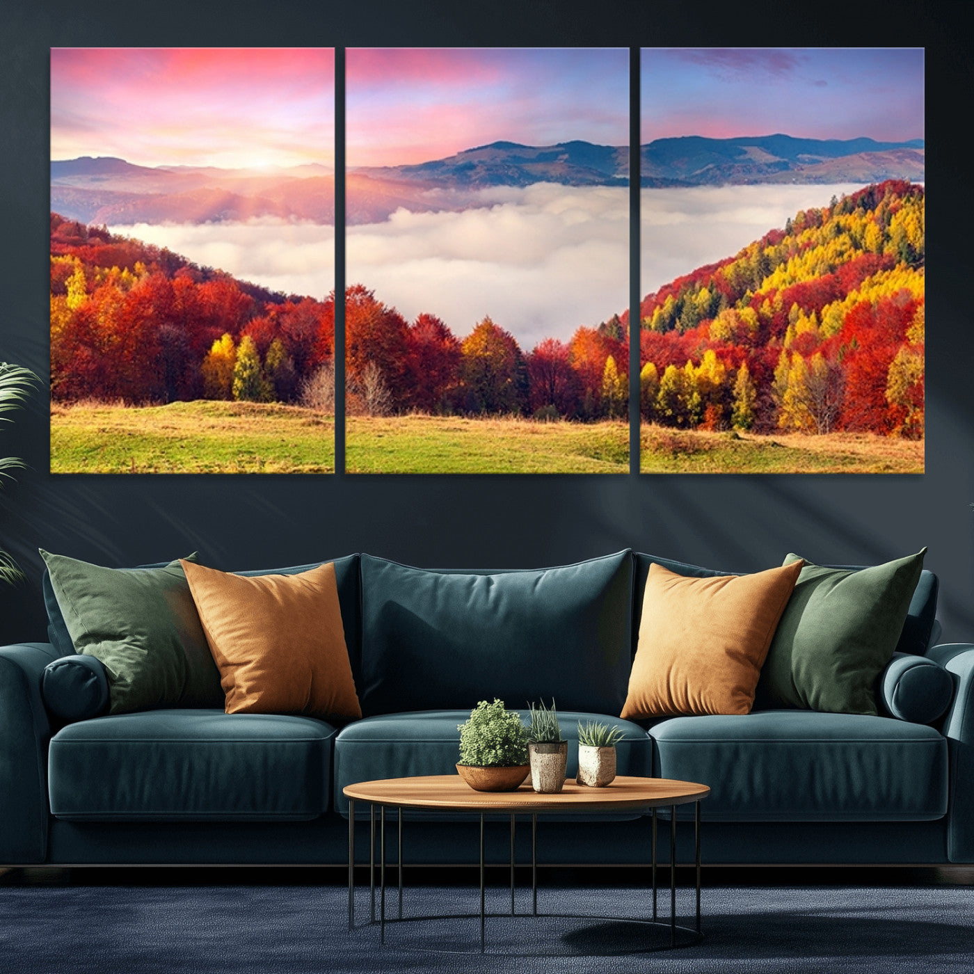 MGV-CV-60X30-3P - Autumn Mountain Foggy Landscape Wall Art Canvas Print | Beautiful Forest Canvas Print | Misty