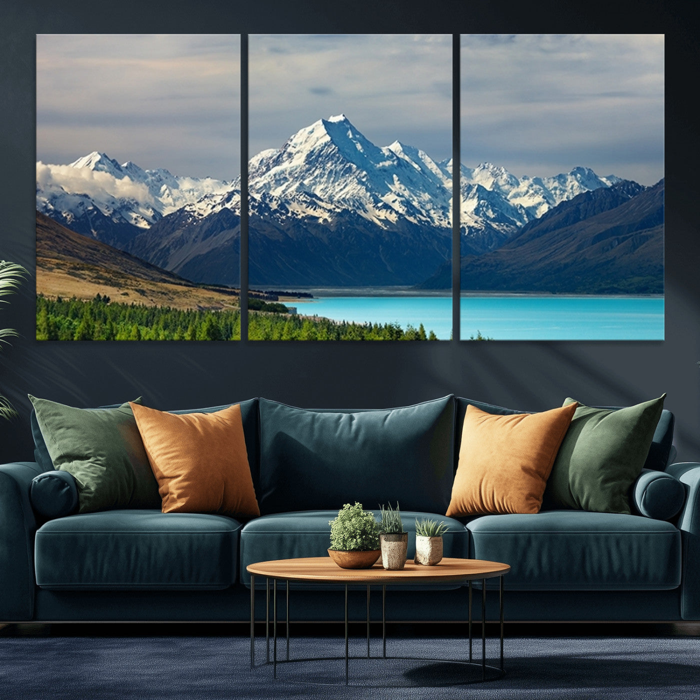 MGV-CV-60X30-3P - Mount Cook and Lake Pukaki Canvas Wall Art Print – Majestic Snow-Capped Peaks and Serene Lake Wall