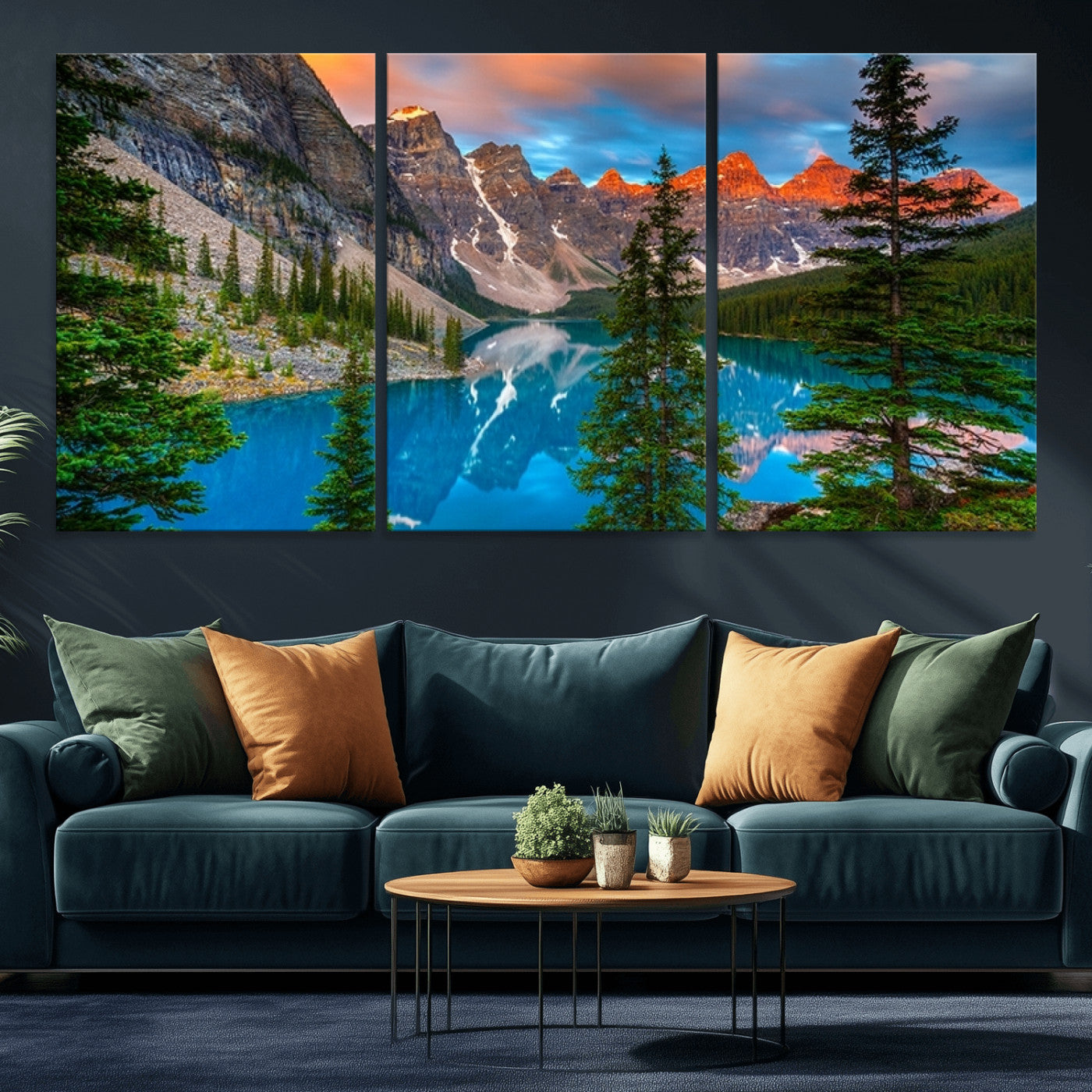 MGV-CV-60X30-3P - Canadian Rockies Moraine Lake Wall Art Canvas Print, Pine Trees Mountain Spring Canvas Print