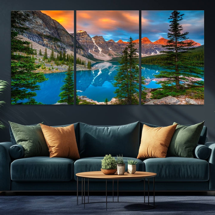 A kitchen featuring a Canadian Rockies Moraine Lake Wall Art Canvas Print displayed on the wall.