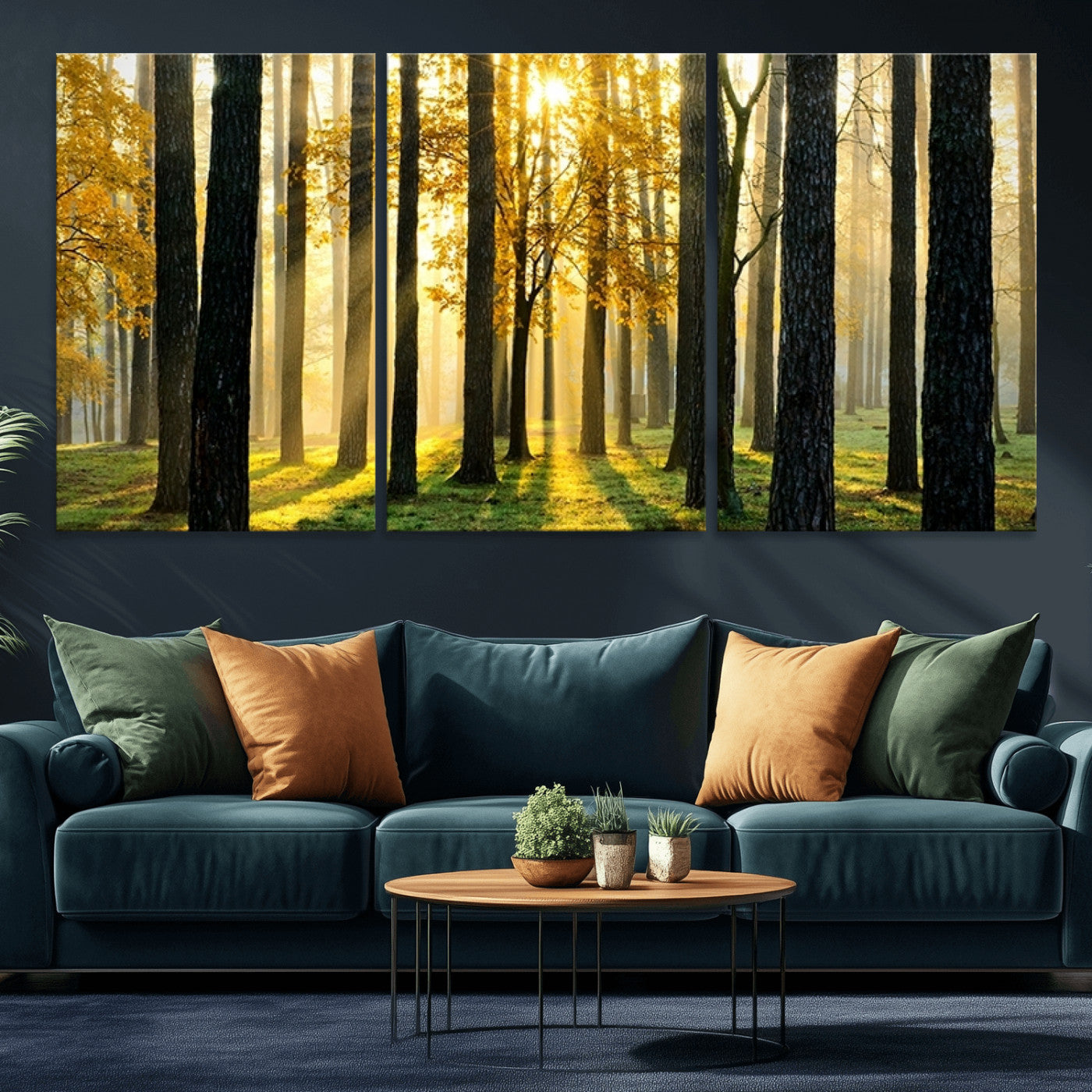 MGV-CV-60X30-3P - Sunlit Forest Canvas Wall Art – Serene Woodland Triptych Landscape Print – Nature-Inspired Decor for