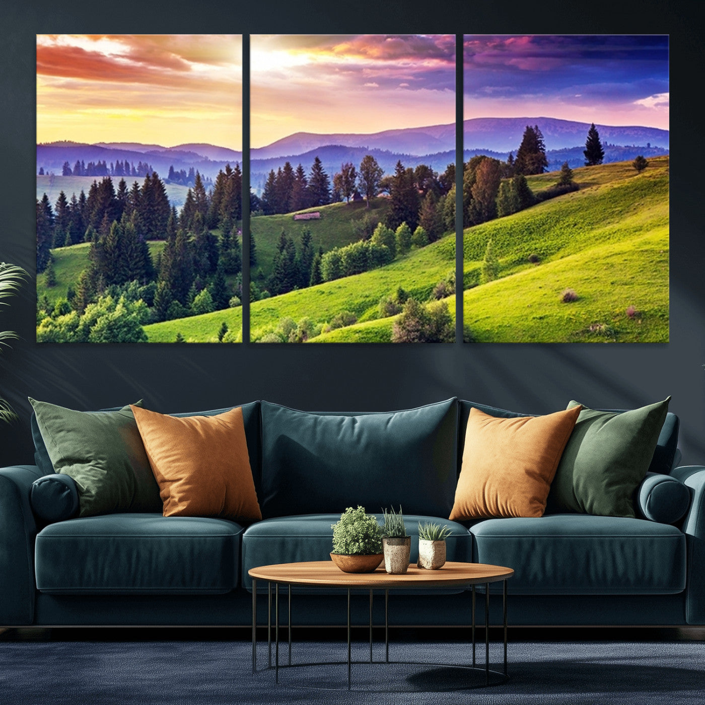 MGV-CV-60X30-3P - Green Hills and Sunset Wall Art Print - Scenic Landscape with Lush Greenery and Vibrant Sky, Ready