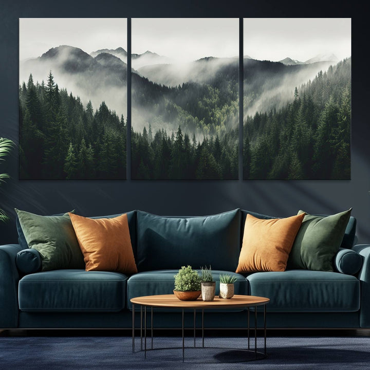 Serene and mystical landscape of misty mountains and dense evergreens, ideal for a Misty Mountain Forest Canvas Wall Art Print.