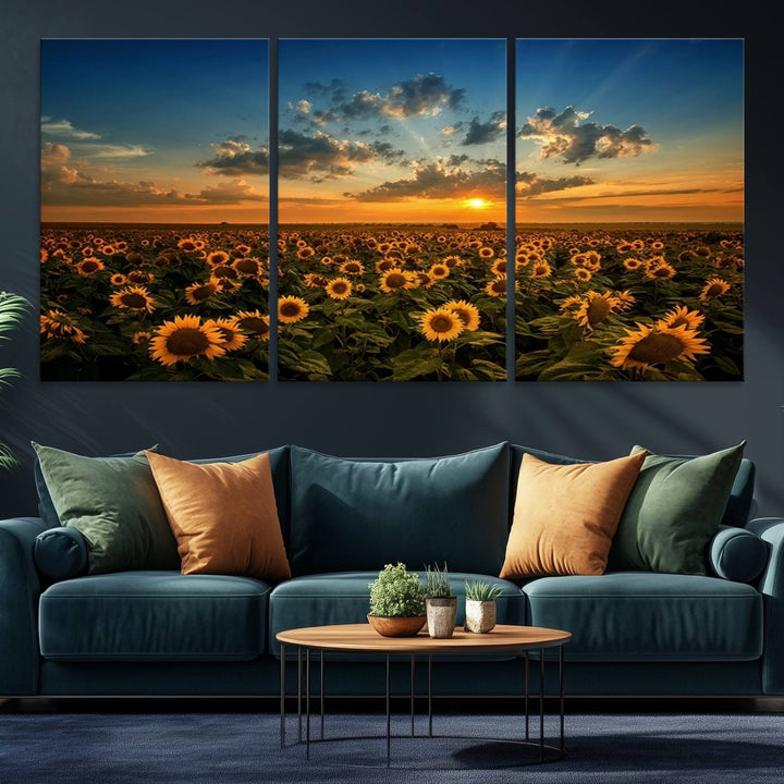 The dining area features the Sunflower Field Sunset Wall Art Canvas Print.