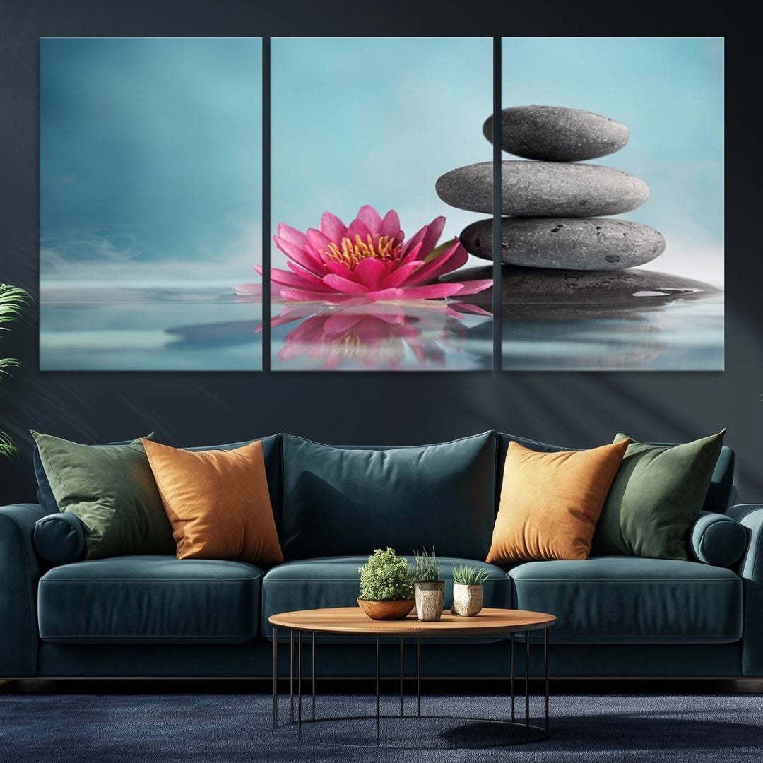 The dining room features a Zen Serenity Triptych wall art, showcasing a calming depiction of lotus flowers and balancing stones.