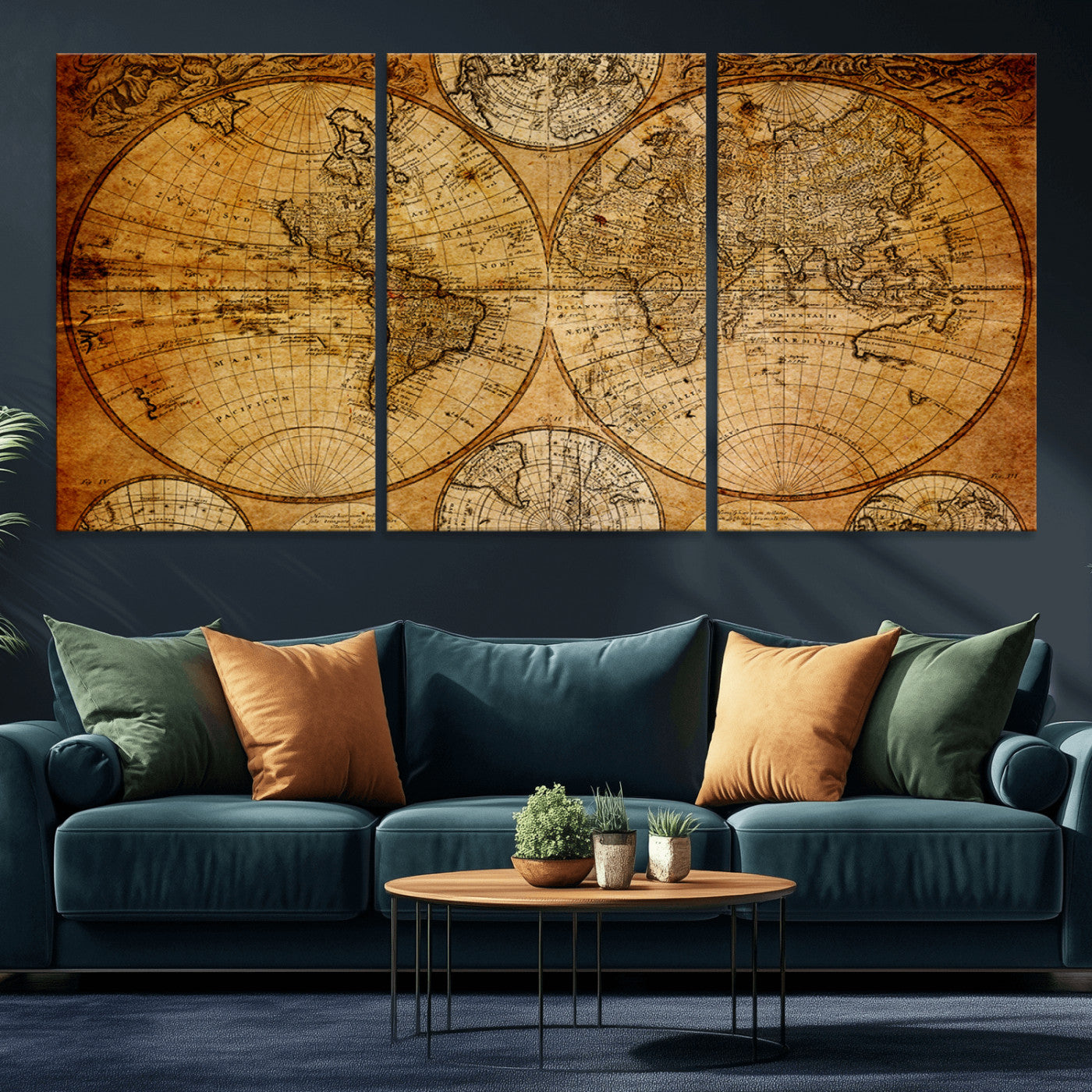 25517-MGV-CV-60X30-3P - Vintage World Map Canvas Print – Antique Push Pin Travel Map, Framed Wall Art for Home or Office Decor