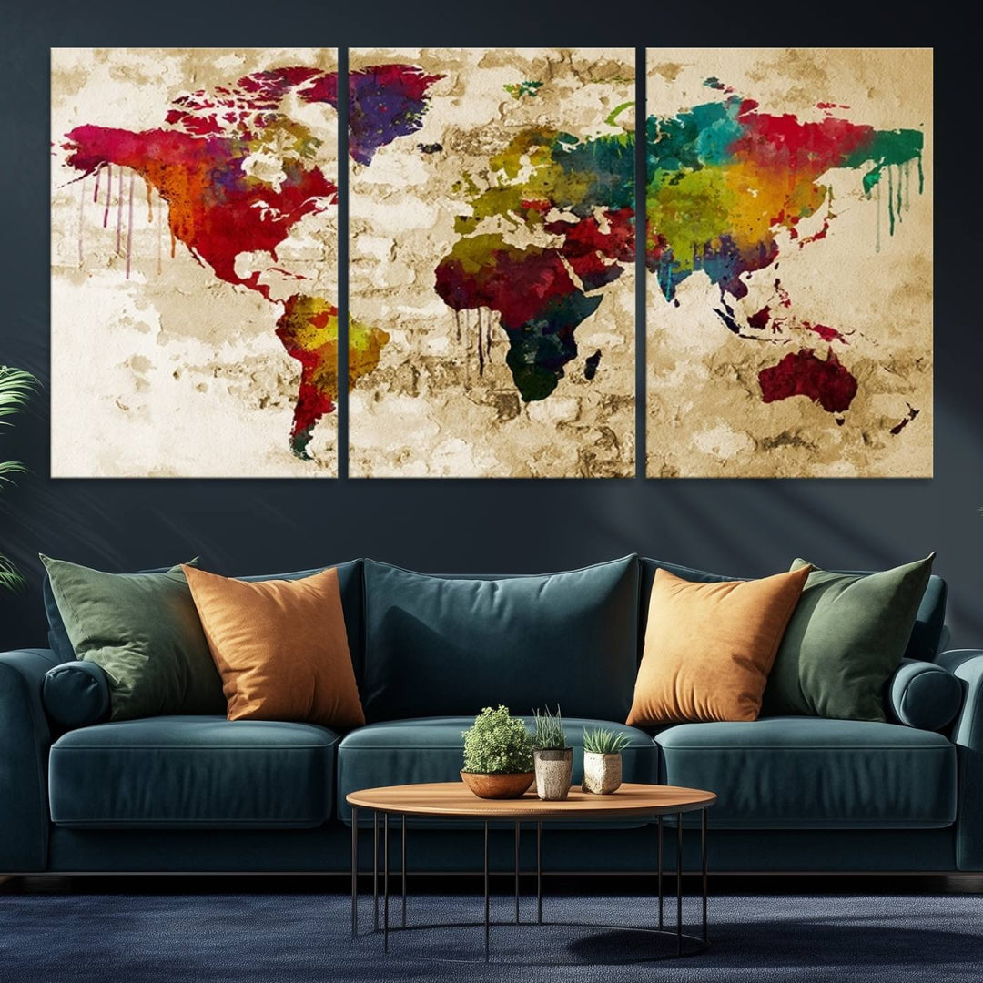 Wall Art World Map Canvas Print Rainbow Colored Vintage Style World Map
