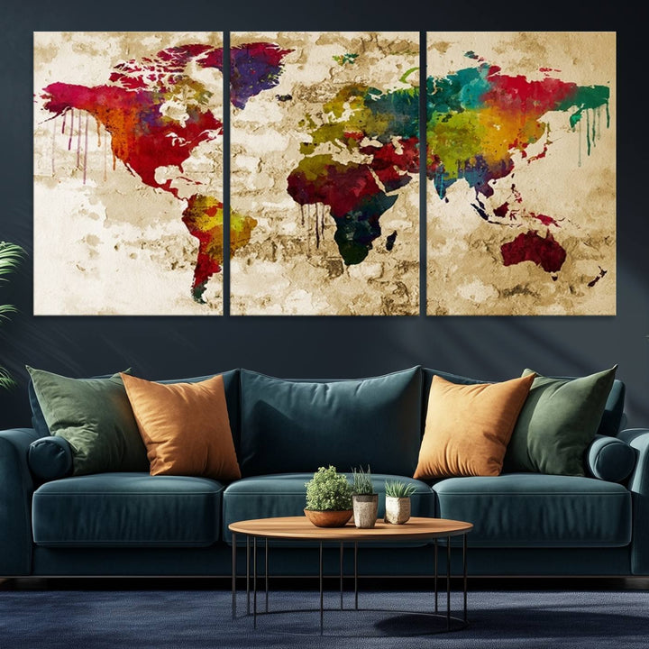 Wall Art World Map Canvas Print Rainbow Colored Vintage Style World Map