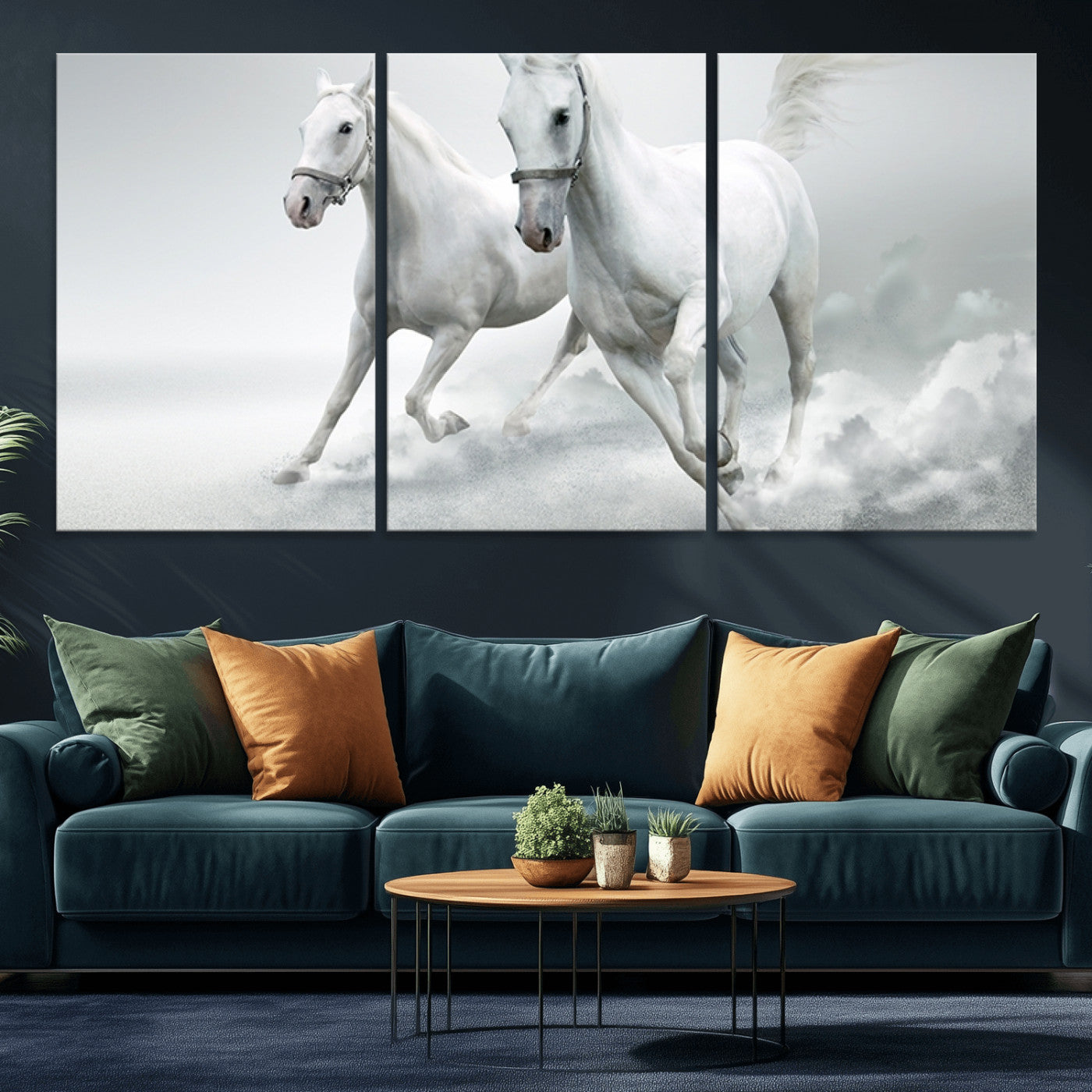 MGV-CV-60X30-3P - Large Wall Art Animal Canvas Print - Beautiful Running White Horses