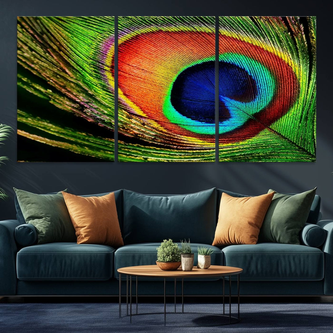 The Colorful Peacock Feather Wall Art Print graces the wall.