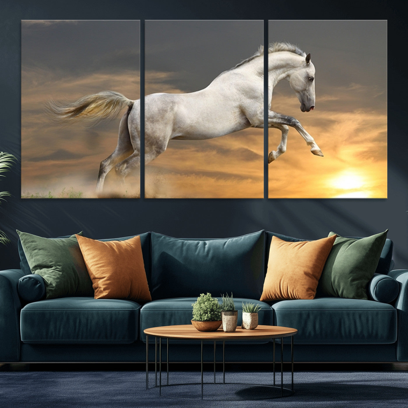 MGV-CV-60X30-3P - Large Wall Art Animal Canvas Print - White Jumping Horse at Sunset