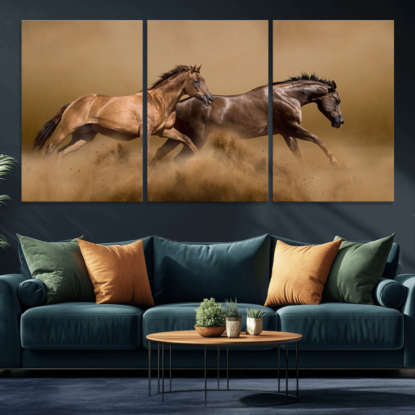 MGV-CV-60X30-3P - Large Wall Art Animal Canvas Print - Two Running Brown Horses