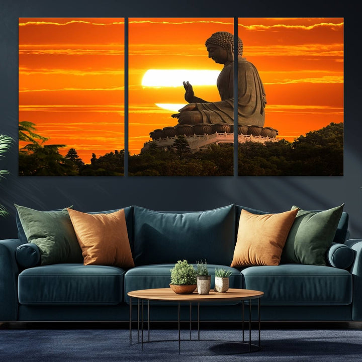 The Buddha Statue at Sunset canvas print adds serenity to the space.