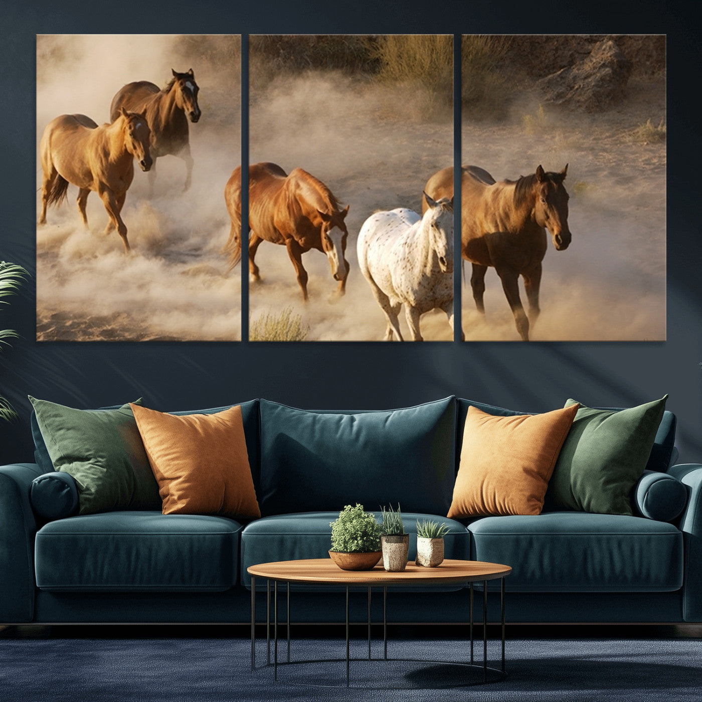 MGV-CV-60X30-3P - Large Wall Art 5 Horses Running on Sand Canvas Print