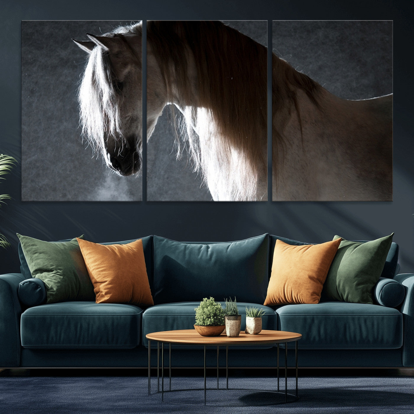 MGV-CV-60X30-3P - Large Wall Art Cream Colored Horse on Grey Background Canvas Print