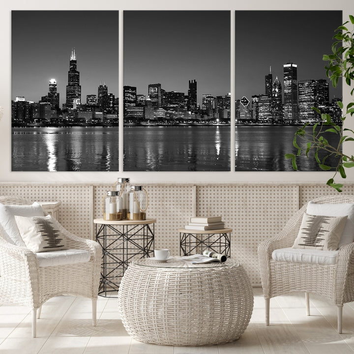 The Chicago Wall Art Canvas Print, a black and white triptych of a city skyline, adorns the space. This museum-quality canvas art arrives ready to hang, effortlessly merging sophistication with contemporary design.