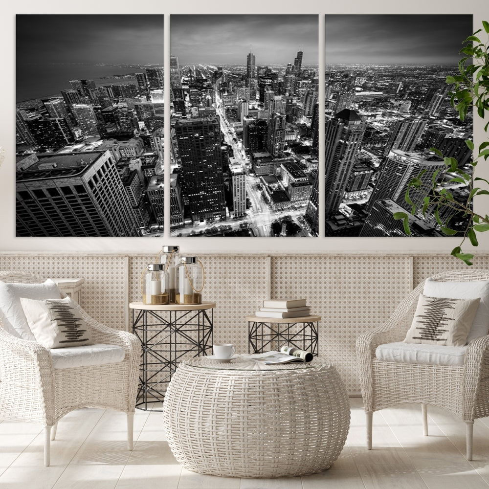 A Chicago Wall Art Canvas Print, specifically the Chicago City Night Canvas Print, is displayed in handcrafted frames.