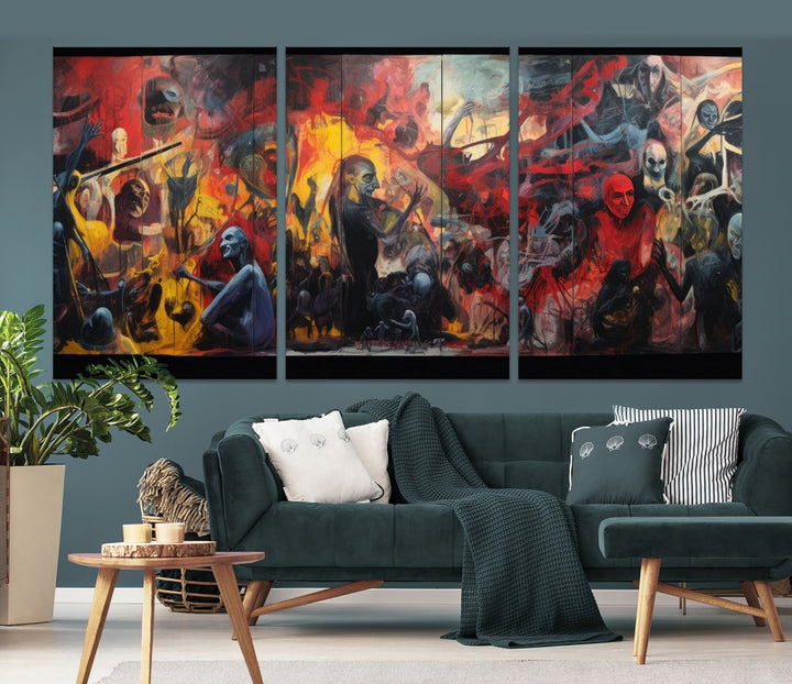 A vibrant Abstract Graffiti Wall Art triptych made of premium canvas, handmade in the USA, adorns the living room.