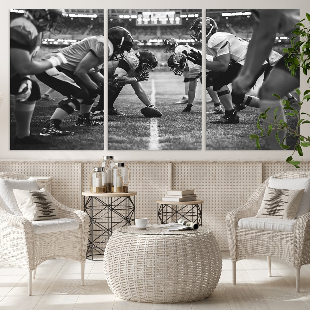 The "American Football Match Wall Art Canvas Print," featuring a black and white photo of a football game, is displayed as a triptych. This artwork is printed on museum-quality canvases and protected with a UV-coating.