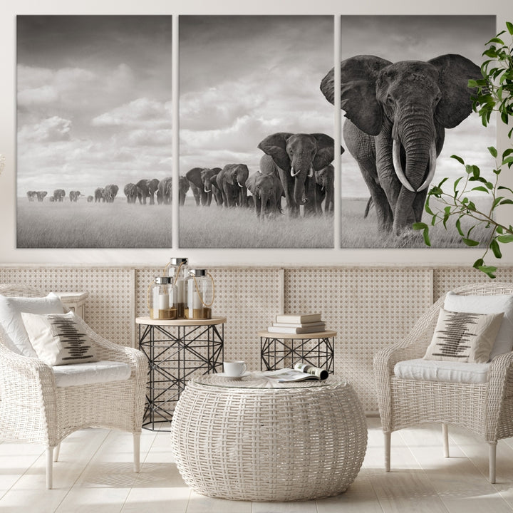 The Elephant Wall Art Canvas Print features a triptych of elephants in a savanna, elegantly displayed.