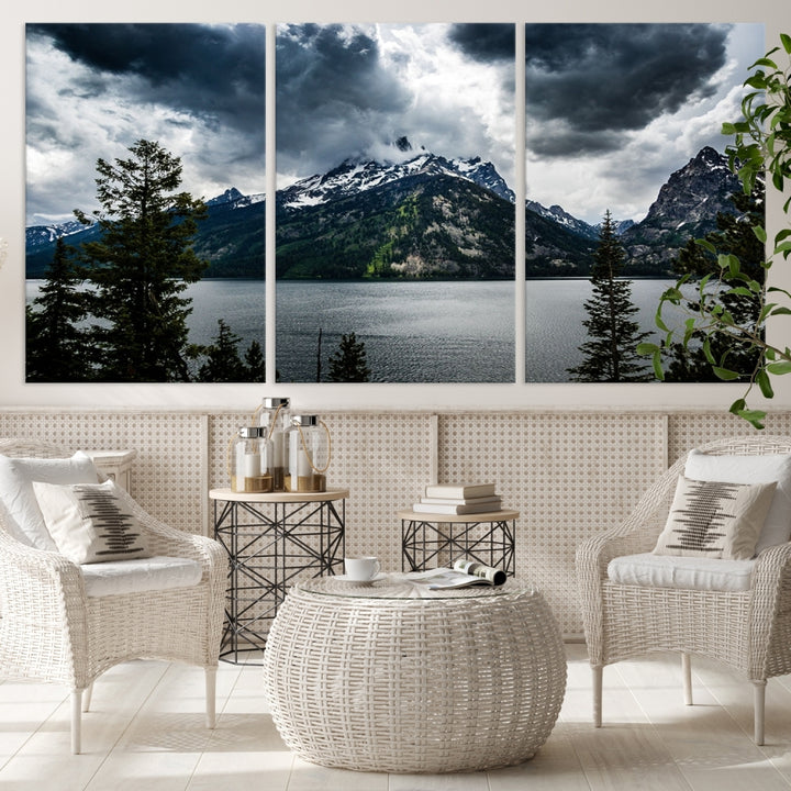 Grand Teton National Park Canvas Wall Art – Majestic Mountain Landscape Under Dramatic Clouds - Ready to Hang